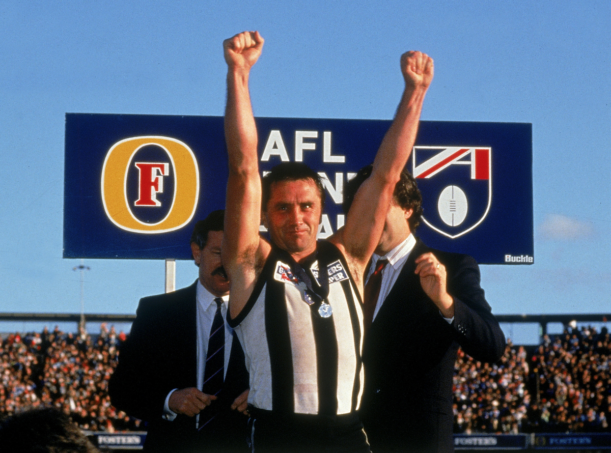 Tony Shaw celebrates after winning the 1990 AFL Grand Final. Pic: Getty Images