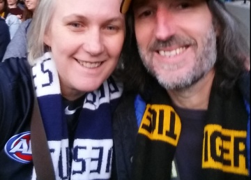 A couple of footy lovers. Greg Thom’s turned Tiger but wife Jane sticks with her Blues.