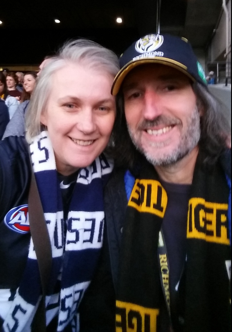A couple of footy lovers. Greg Thom’s turned Tiger but wife Jane sticks with her Blues.