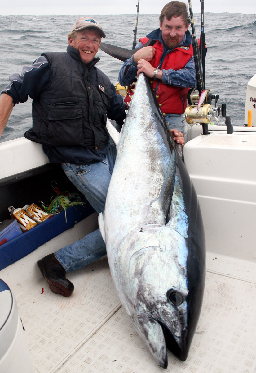 Tim Clarke and Lockie Wombwell with a 125kg southern bluefin tuna caught near the Horseshoe mark off Cape Bridgewater. 