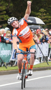 The ecstatic New South Welshman Joel Pearson makes it a “Warrnambool” massed-start double in 2011. (Courtesy The Standard).