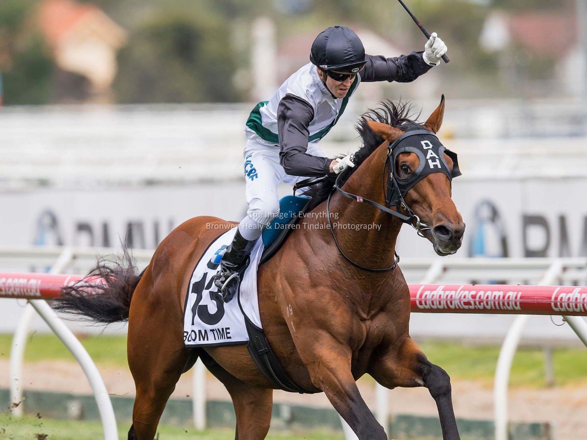 BOOM TIME wins the G1 Caullfeld Cup. Pic: Bronwen Healy. The Image is Everything