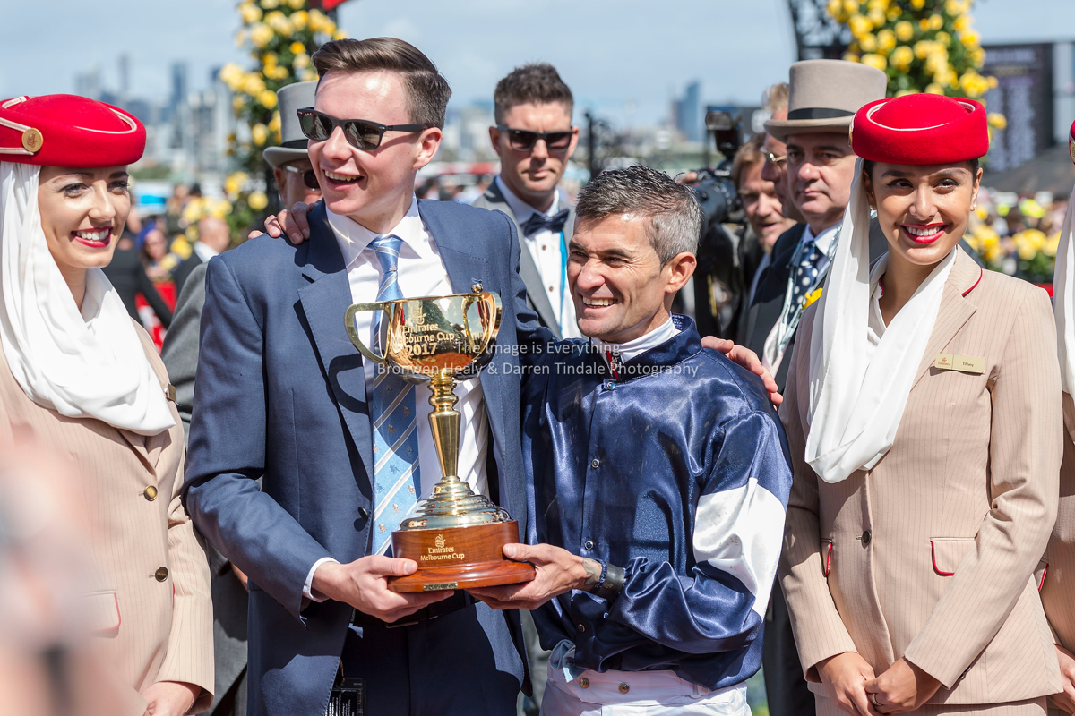 Trainer Joseph O'Brien and jockey Corey Brown celebrate the victory of Rekinderling in the 2017 Emirates Melbourne Cup Pic: Darren Tindale - The Image is Everything