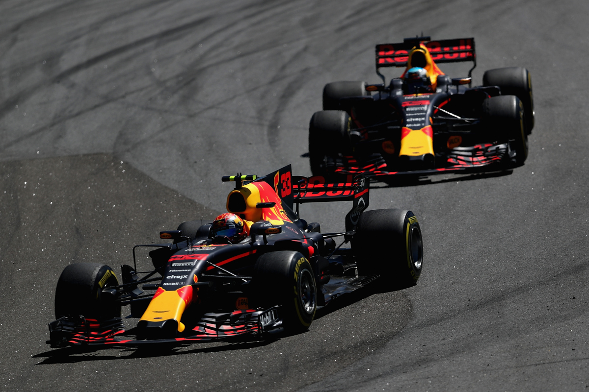 Max Verstappen fights it out with Daniel Ricciardo of during the Grand Prix in Brazil. Pic: Dan Istitene/Getty Images.