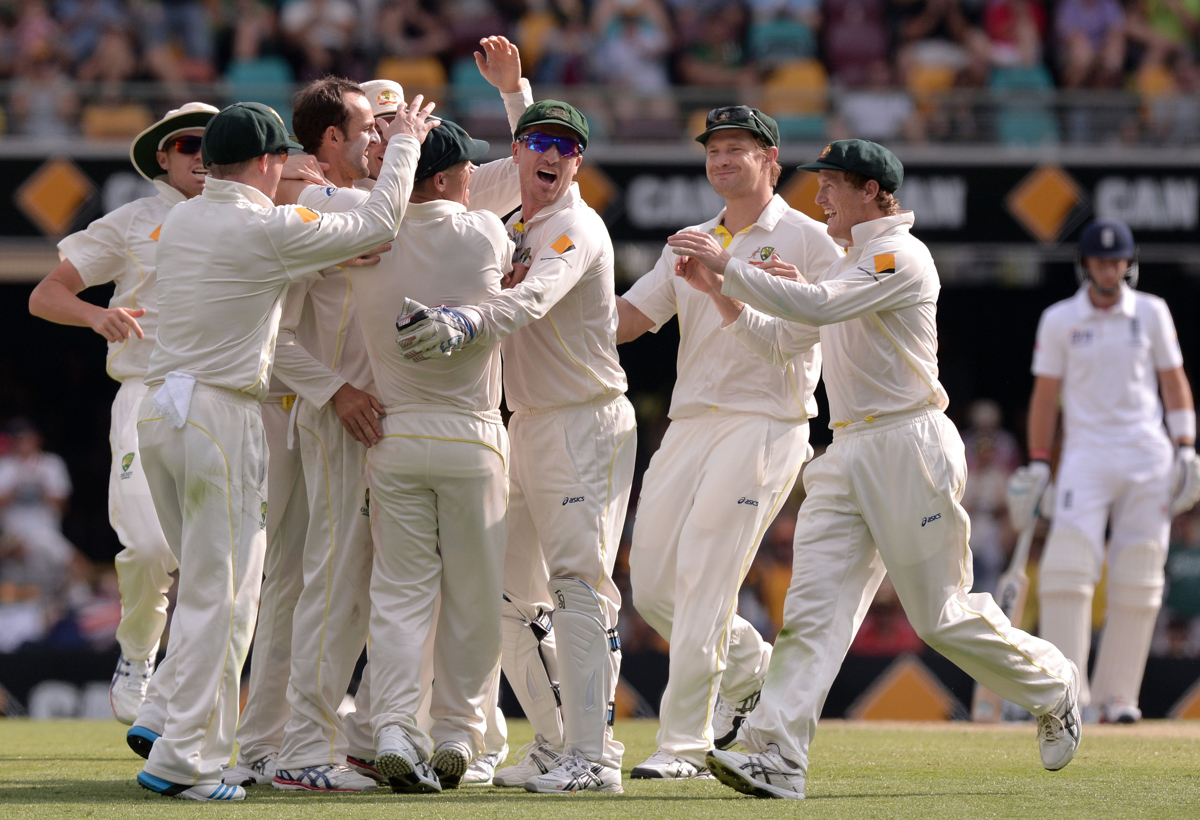Australia celebrates catching England's Matt Prior during the first Ashes Test at The Gabba. Pic: Anthony Devlin/PA Images via Getty Images