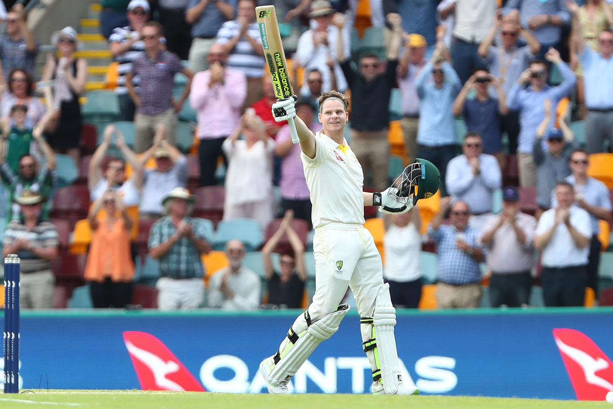 Steve Smith of Australia celebrates after reaching his century. Pic: Chris Hyde - CA/Cricket Australia/Getty Images
