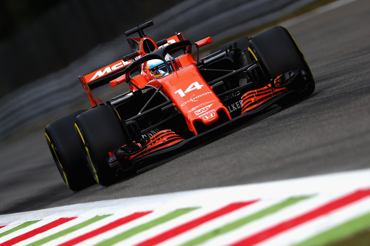 Fernando Alonso of Spain driving the McLaren Honda fitted with the halo on track during practice at Monza, Italy. Pic: Dan Istitene/Getty Images