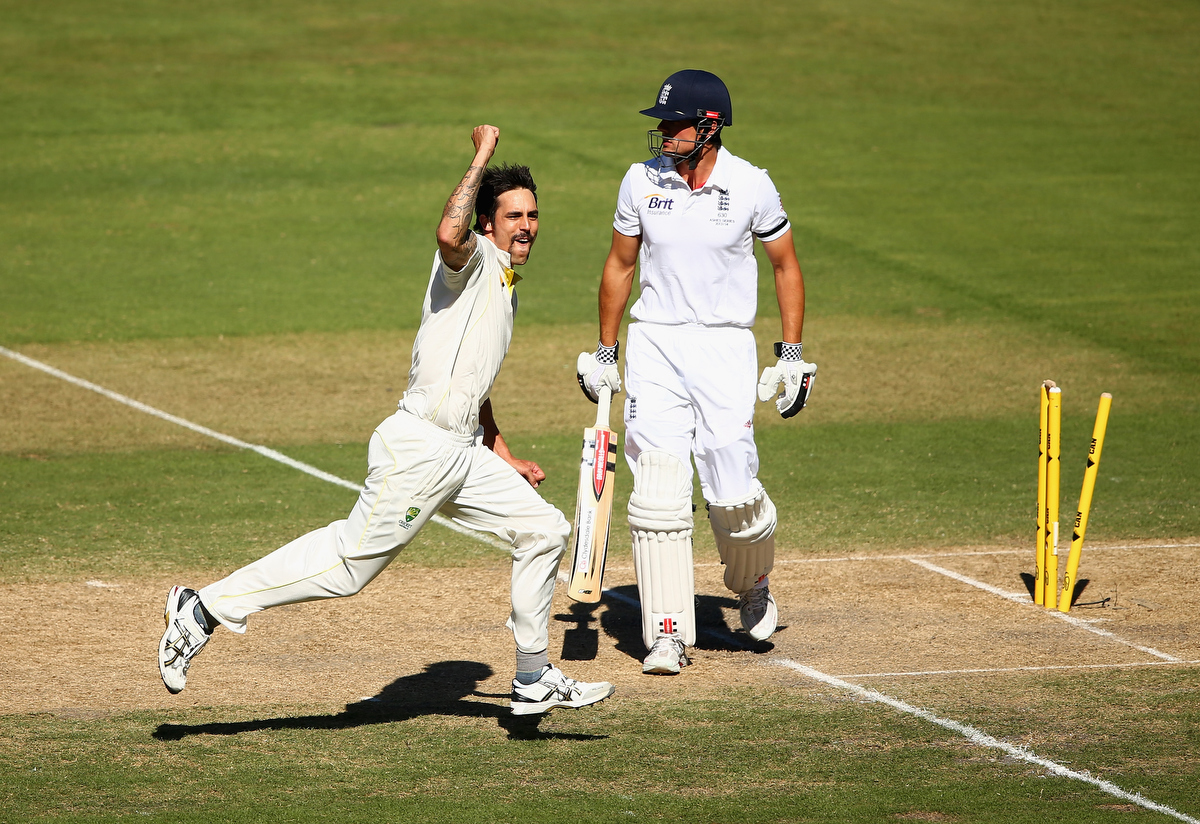 Mitchell Johnson celebrates after he took the wicket of Alastair Cook. Pic: Robert Cianflone/Getty Images