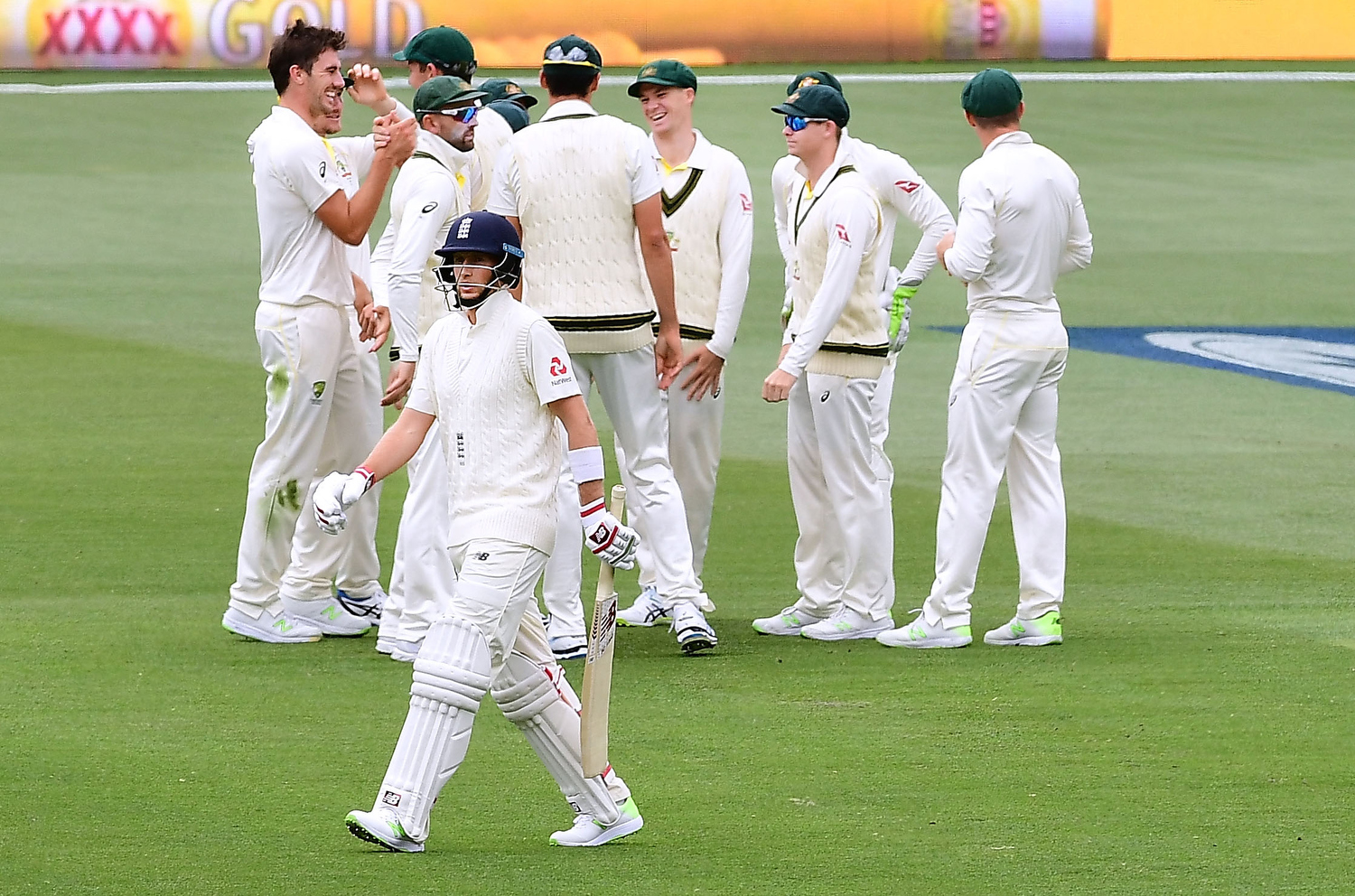 Australia celebrates after taking the wicket of Joe Root Pic: Mark Brake - CA/Cricket Australia/Getty Images