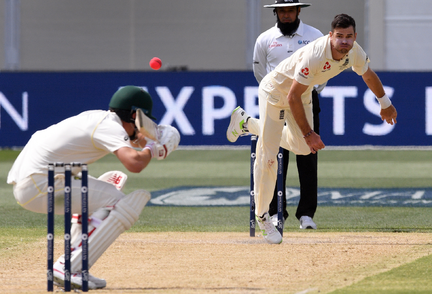 James Anderson sends down a bouncer to Pat Cummins. Pic: William West/AFP/Getty Images