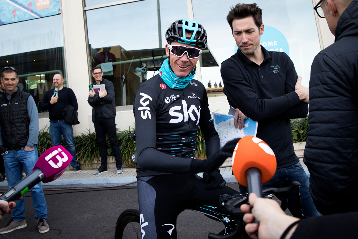 Chris Froome smiles at journalists before a training session in Port de Alcudia. Pic: JAIME REINA/AFP/Getty Images