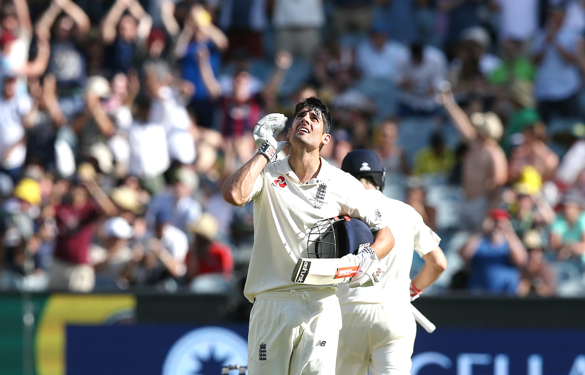 Alastair Cook looks to the sky after scoring his century