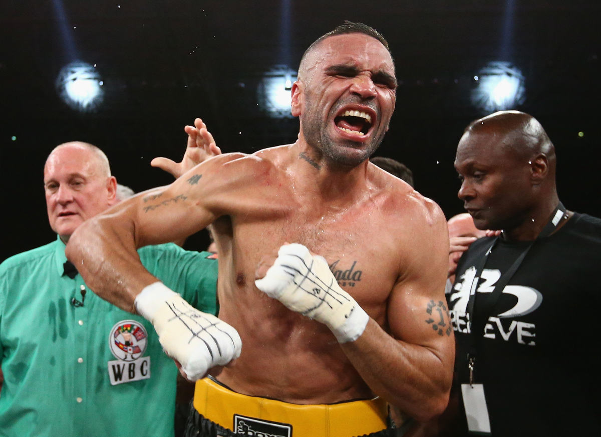 Anthony Mundine celebrates after defeating Sergey Rabchenko during the WBC Silver Light Middleweight fight. Pic: Robert Cianflone/Getty Images