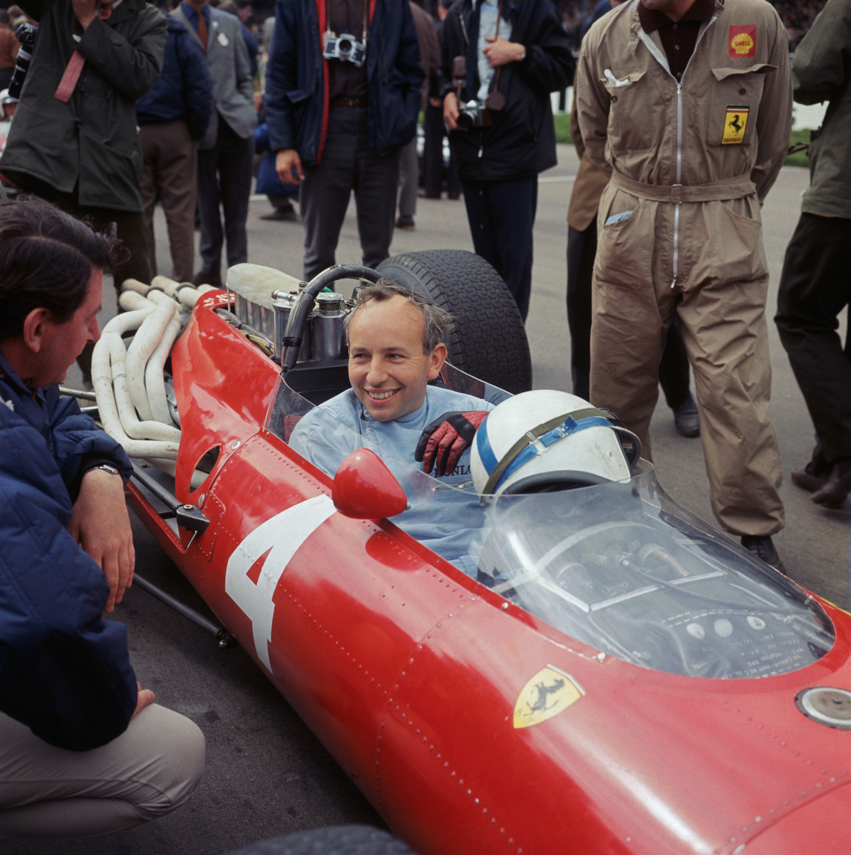 English Formula 1 racing driver John Surtees in a Ferrari at the Silverstone circuit, 1966. Pic: Central Press/Hulton Archive/Getty Images