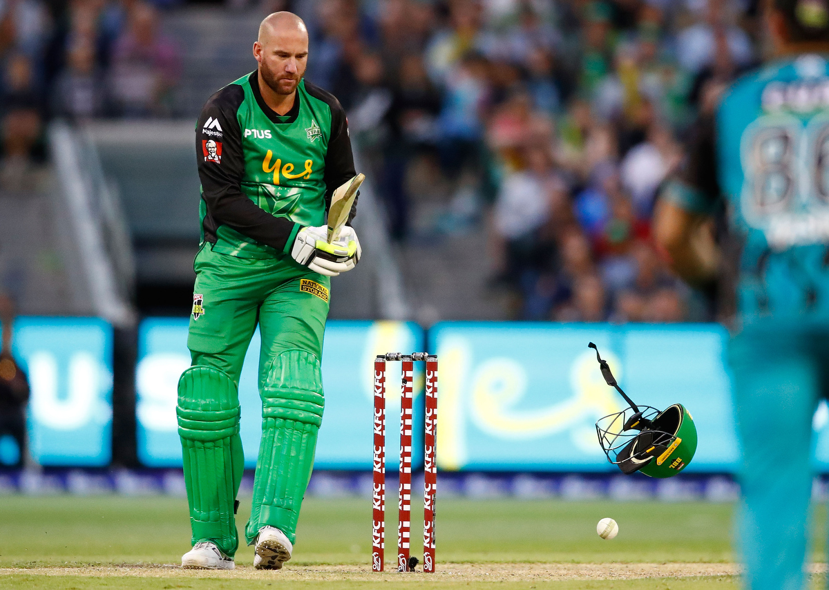 John Hastings is hit by a bouncer bowled by Ben Cutting. Pic: Scott Barbour/Getty Images