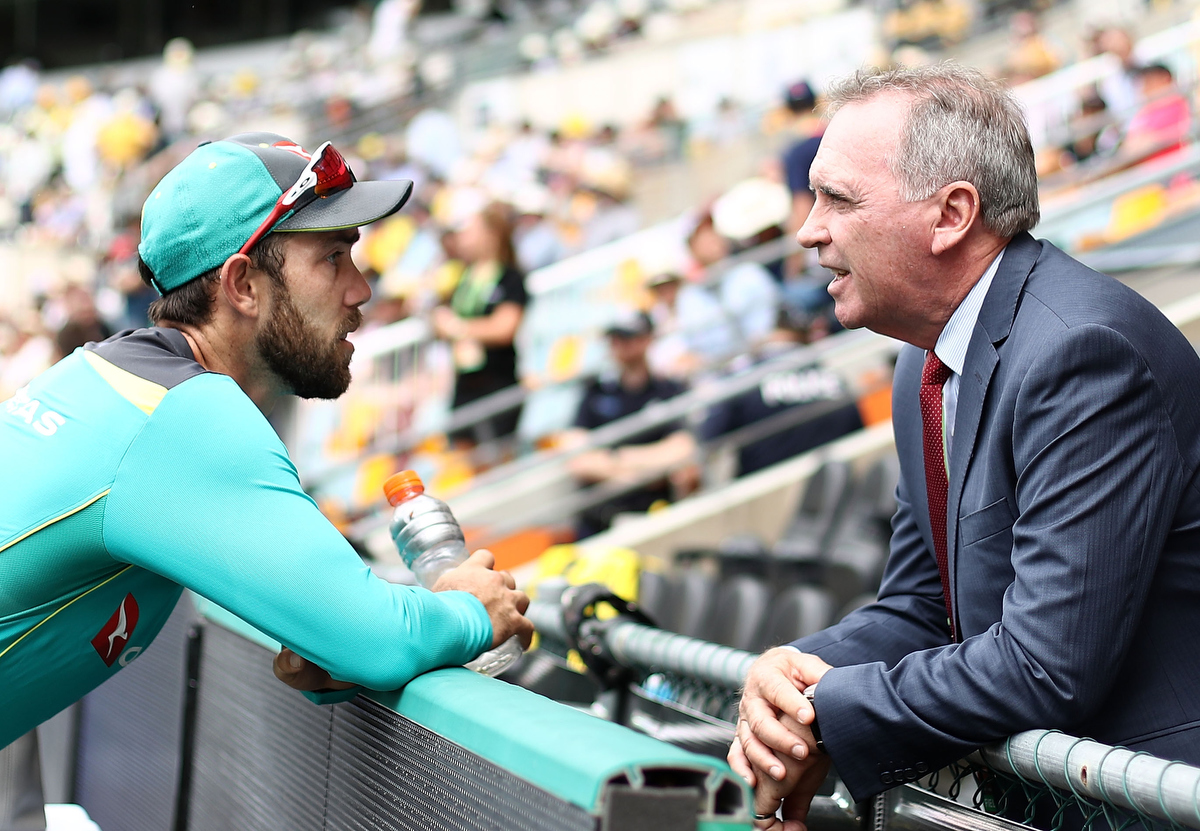 Glenn Maxwell speaks with Chairman of Selectors, Trevor Hohns. Pic: Ryan Pierse/Getty Images