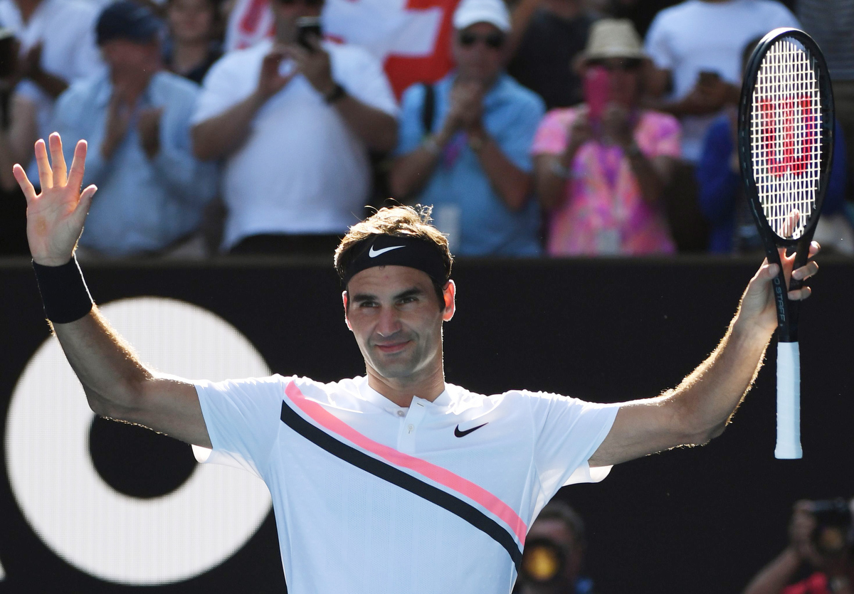 Roger Federer celebrates his win against Marton Fucsovics. Pic: WILLIAM WEST/AFP/Getty Images