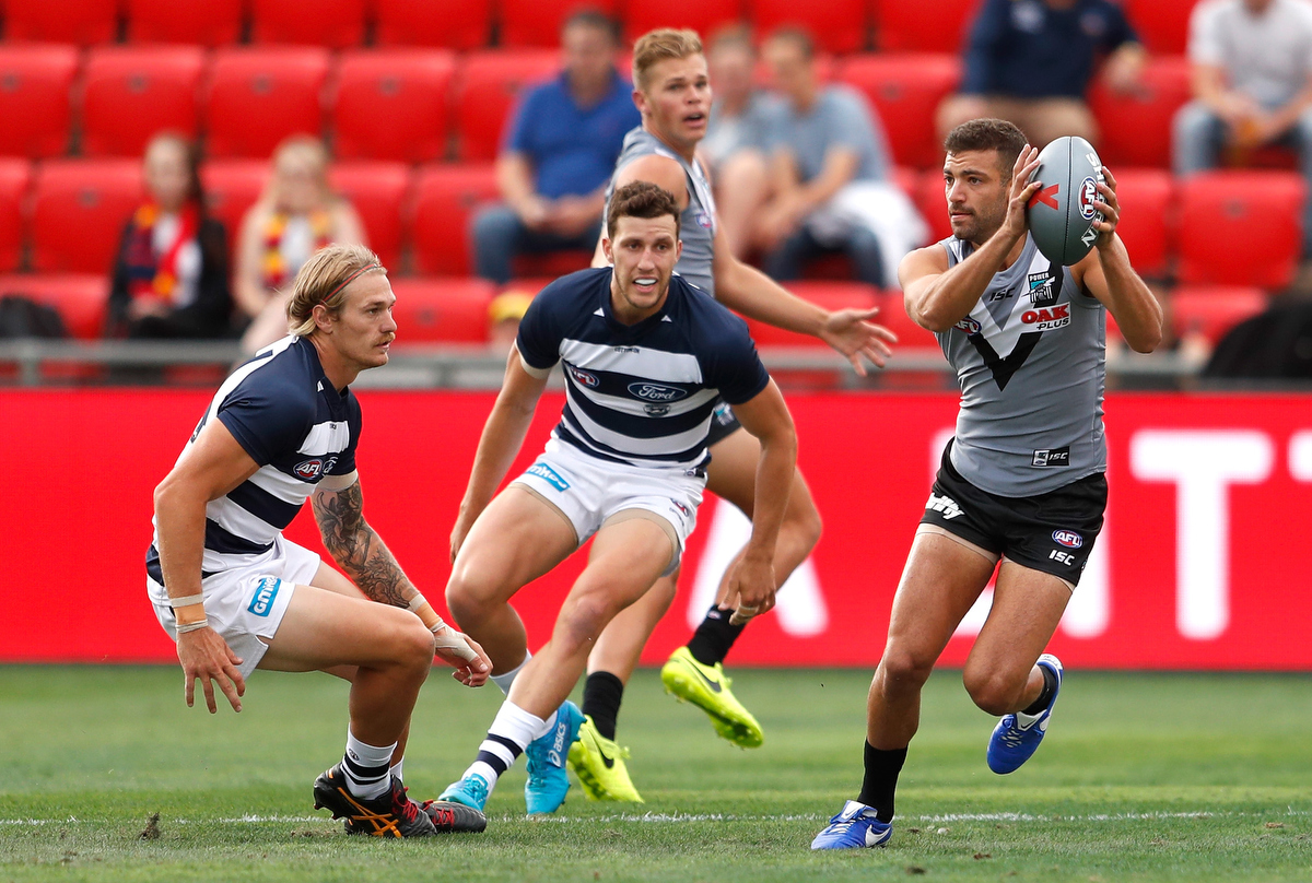 Port Adelaide and Geelong battle it out in the AFLX. Pic:  Michael Willson/AFL Media/Getty Images