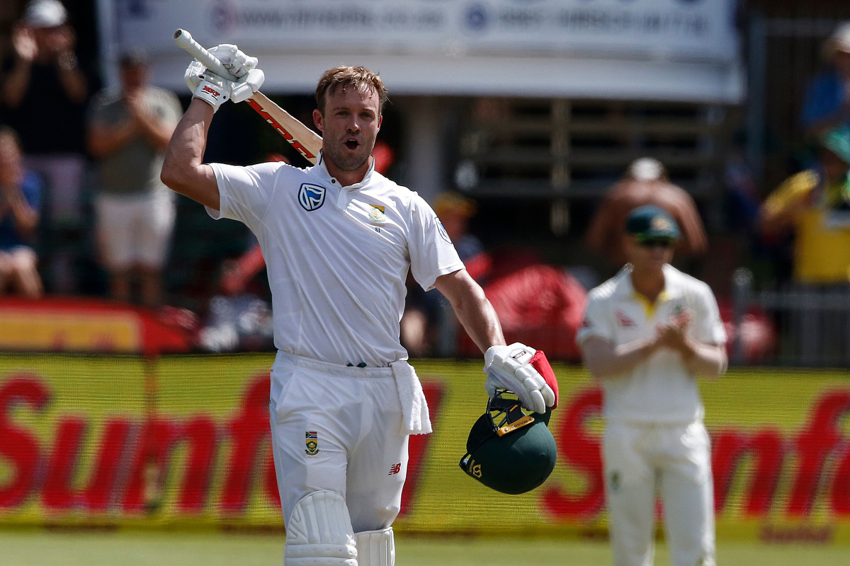 AB de Villiers celebrates scoring a century during day three of the second Test. Pic: MARCO LONGARI/AFP/Getty Images