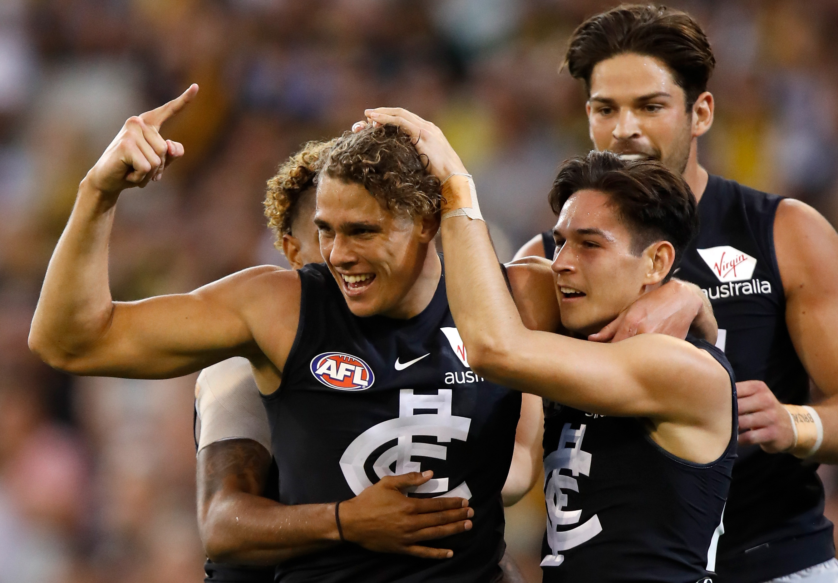 Charlie Curnow celebrates a goal In their round 1 clash against Richmond. Pic: Michael Willson/AFL Media/Getty Images