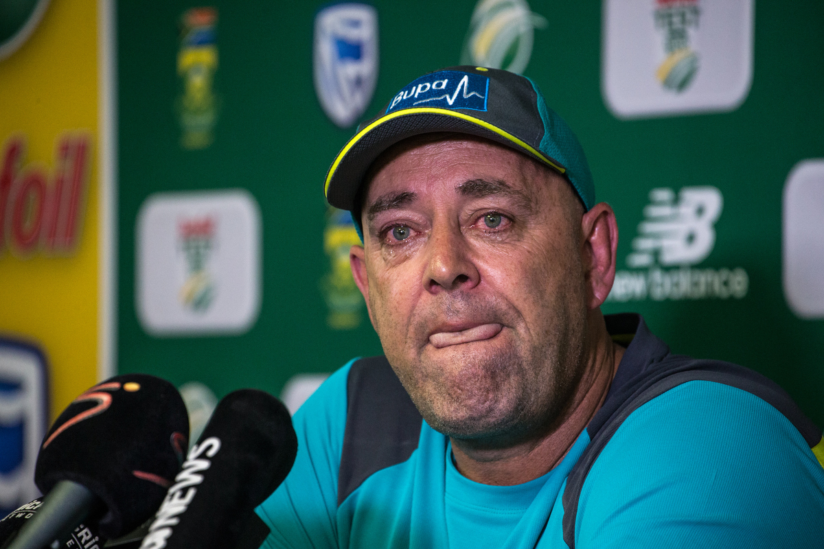 Darren Lehmann at this press conference announcing his departure as coach. WIKUS DE WET/AFP/Getty Images.