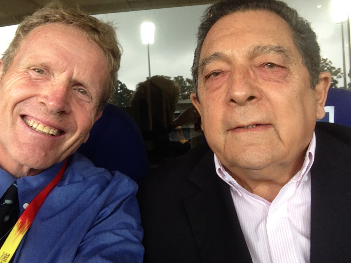 Dr Ali Bacher with Sportshounds Ken Piesse during the 4th Test.