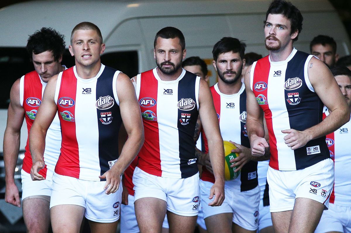 Jarryn Geary of the Saints leads the team out against North Melbourne on Good Friday. Pic: Michael Dodge/Getty Images