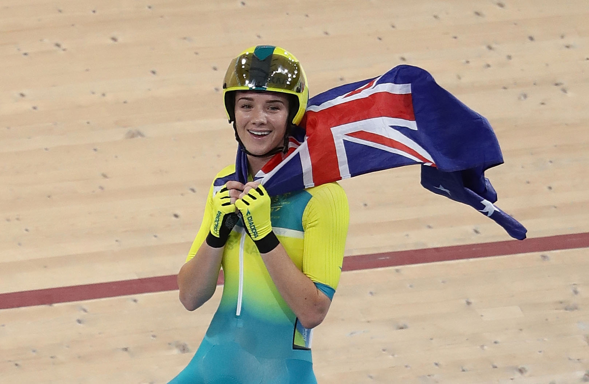 Amy Cure of Australia celebrates winning the Women's Scratch Race Final. Pic: Robert Cianflone/Getty Images