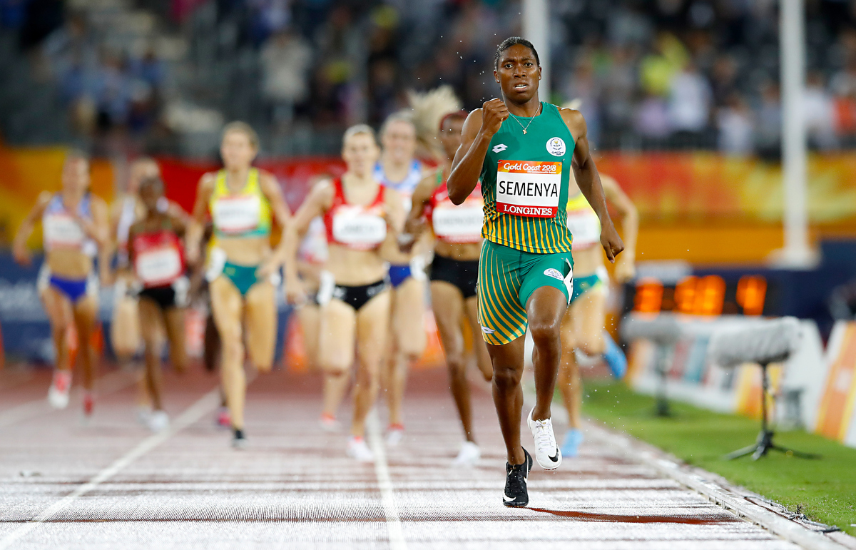 Caster Semenya on her way to winning gold in the Women's 1500m Final. Pic: Martin Rickett/PA Images via Getty Images