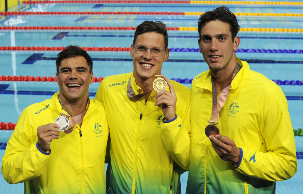 Commonwealth Games. Swimming Finals Night 4. Medal Ceremony for the Men's 50m Backstroke Final. Benjamin TREFFERS, Mitch LARKIN and Zac INCERTI