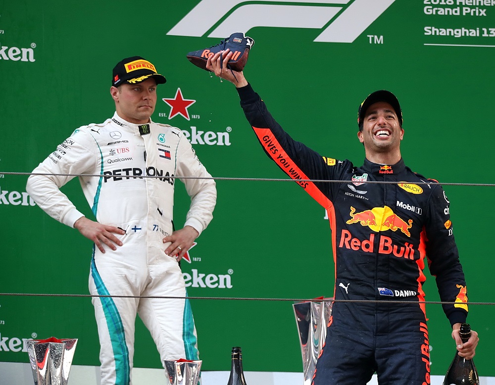 Race winner Daniel Ricciardo celebrates on the podium. Pic: VCG/VCG via Getty Images