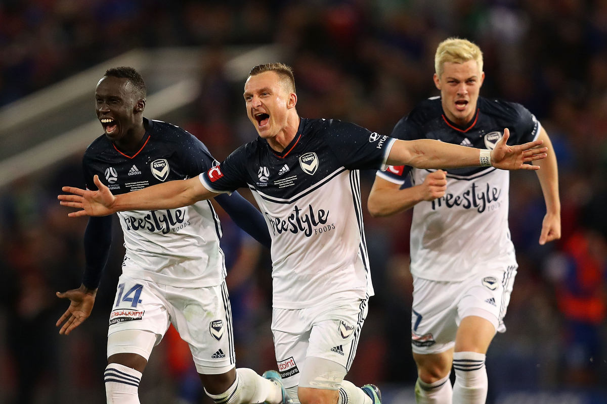 Besart Berisha celebrates the win over the Jets. Pic: Tony Feder/Getty Images