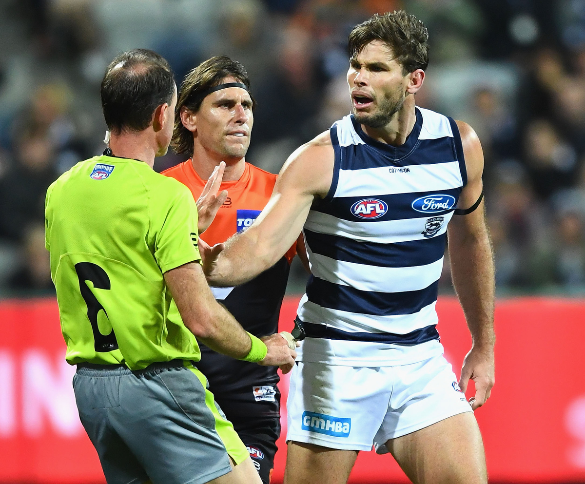 Tom Hawkins altercation with the umpire cost him a week on the sidelines. Pic: Quinn Rooney/Getty Images