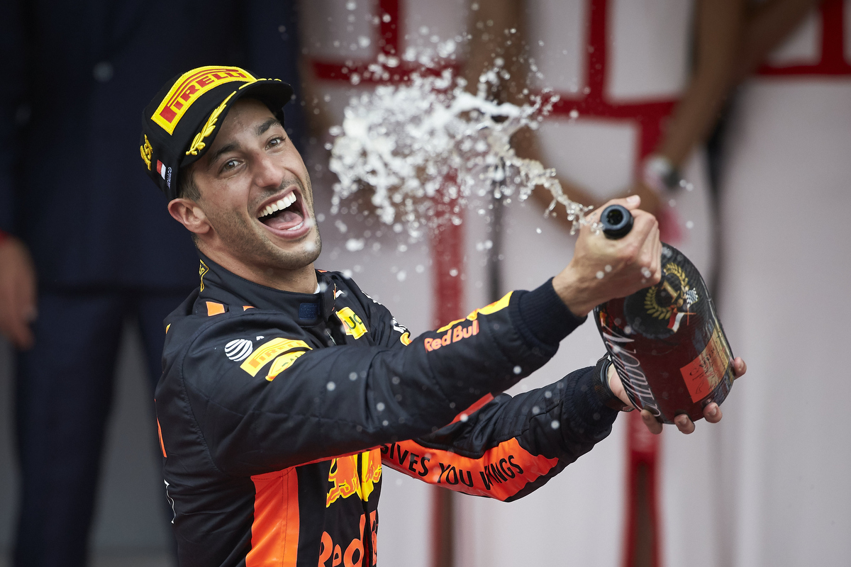 Daniel Ricciardo celebrates on the podium. Pic: Steve Etherington/Getty Images
