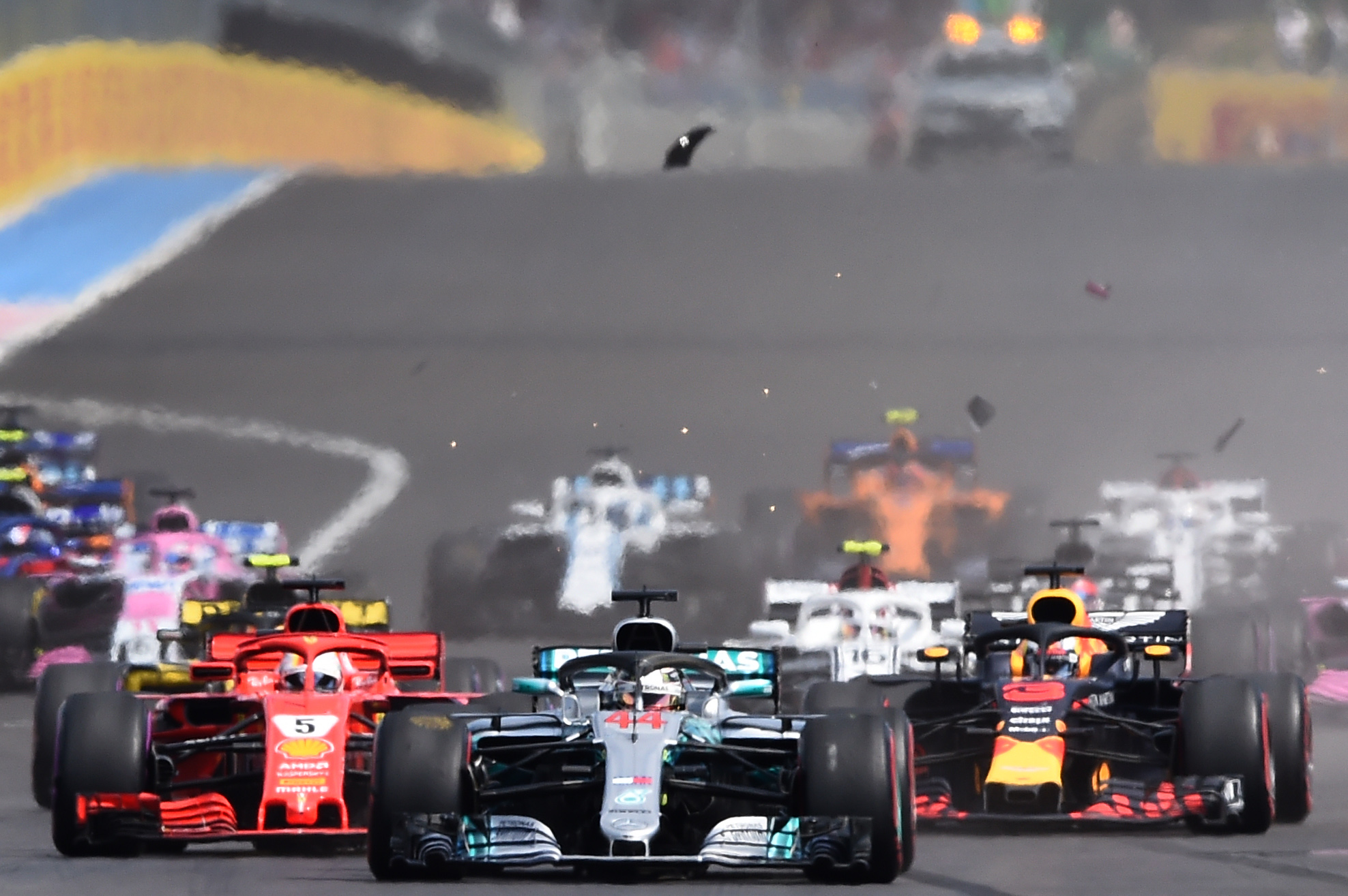 Car parts fly as drivers crash at the start of the French Grand Prix Pic: BORIS HORVAT/AFP/Getty Images