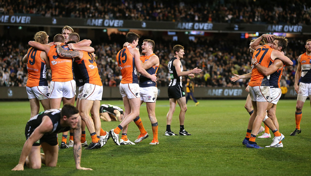 GWS celebrate their victory over Collingwood