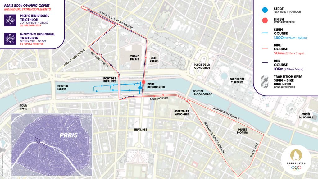 The 1500m triathlon swim leg course in the River Seine at the 2024 Paris Olympics
