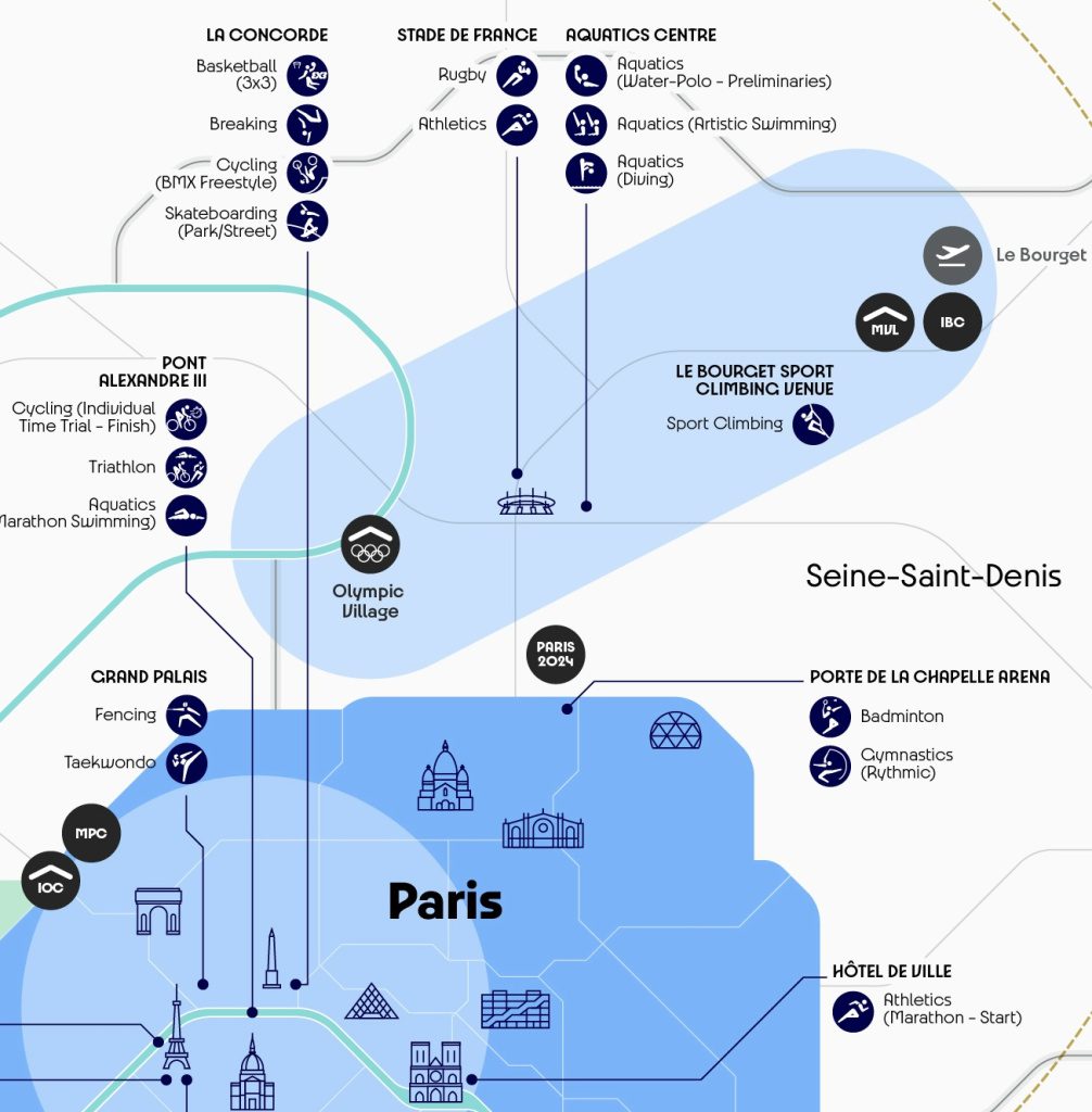 Paris Olympic 2024 venue map showing the cluster of venues around the troubled northern suburb of Saint-Denis which has suffered a week of rolling  riots  